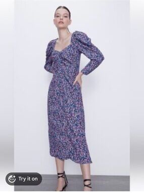 Zara Floral Puff-Sleeve Midi Dress